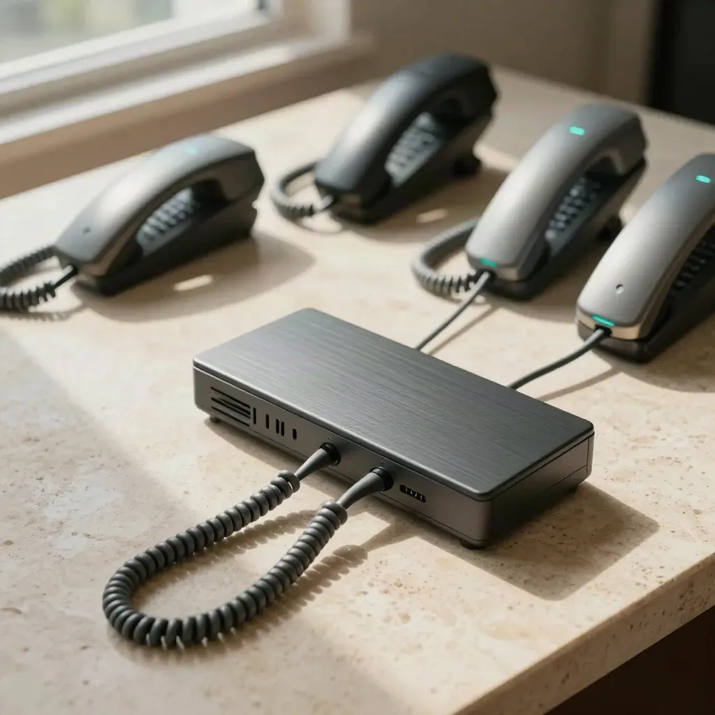Telecom switch routing teal light through four phones on pale travertine.