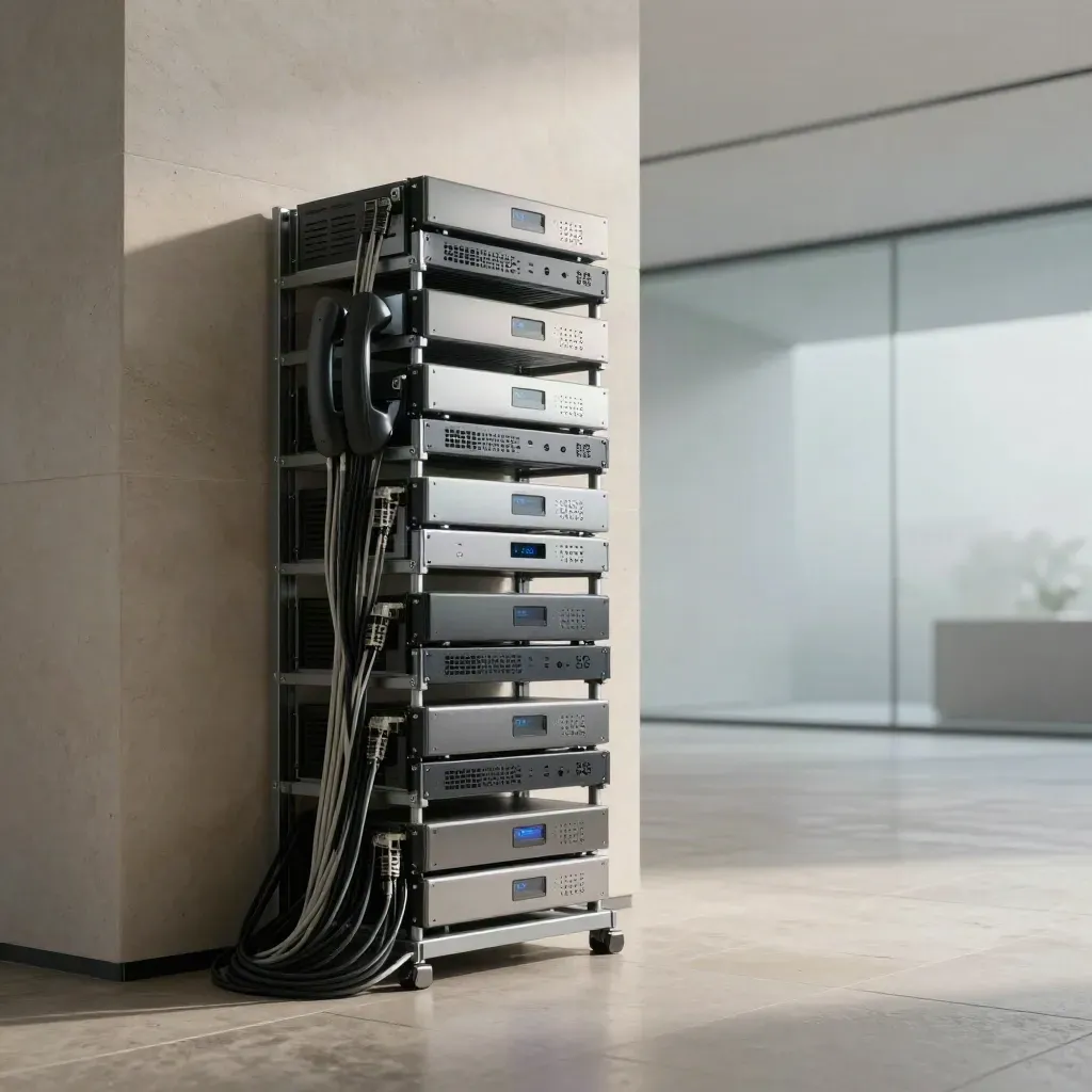 Modern office telecom rack with VoIP hardware and blue status lights on pale stone.
