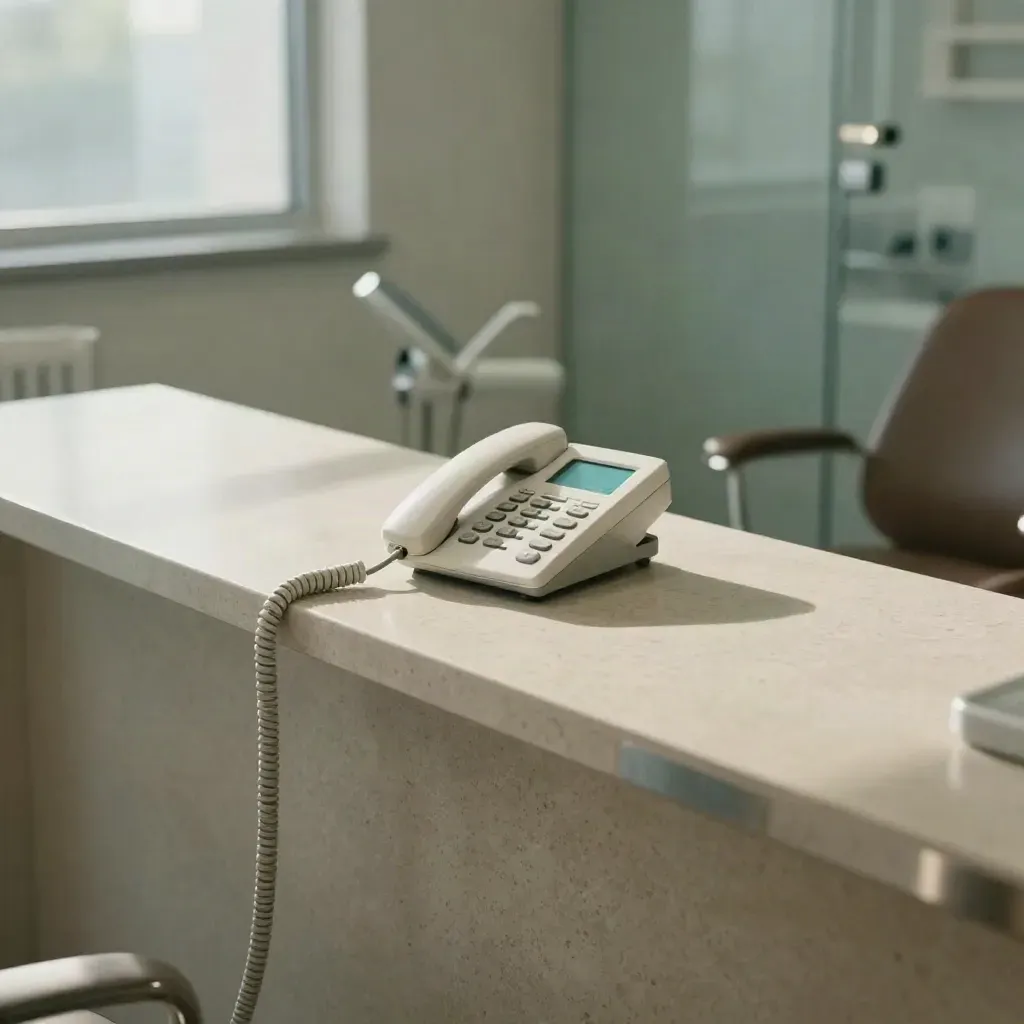 Empty dental reception with desk phone, routing base and blurred treatment chairs in soft daylight