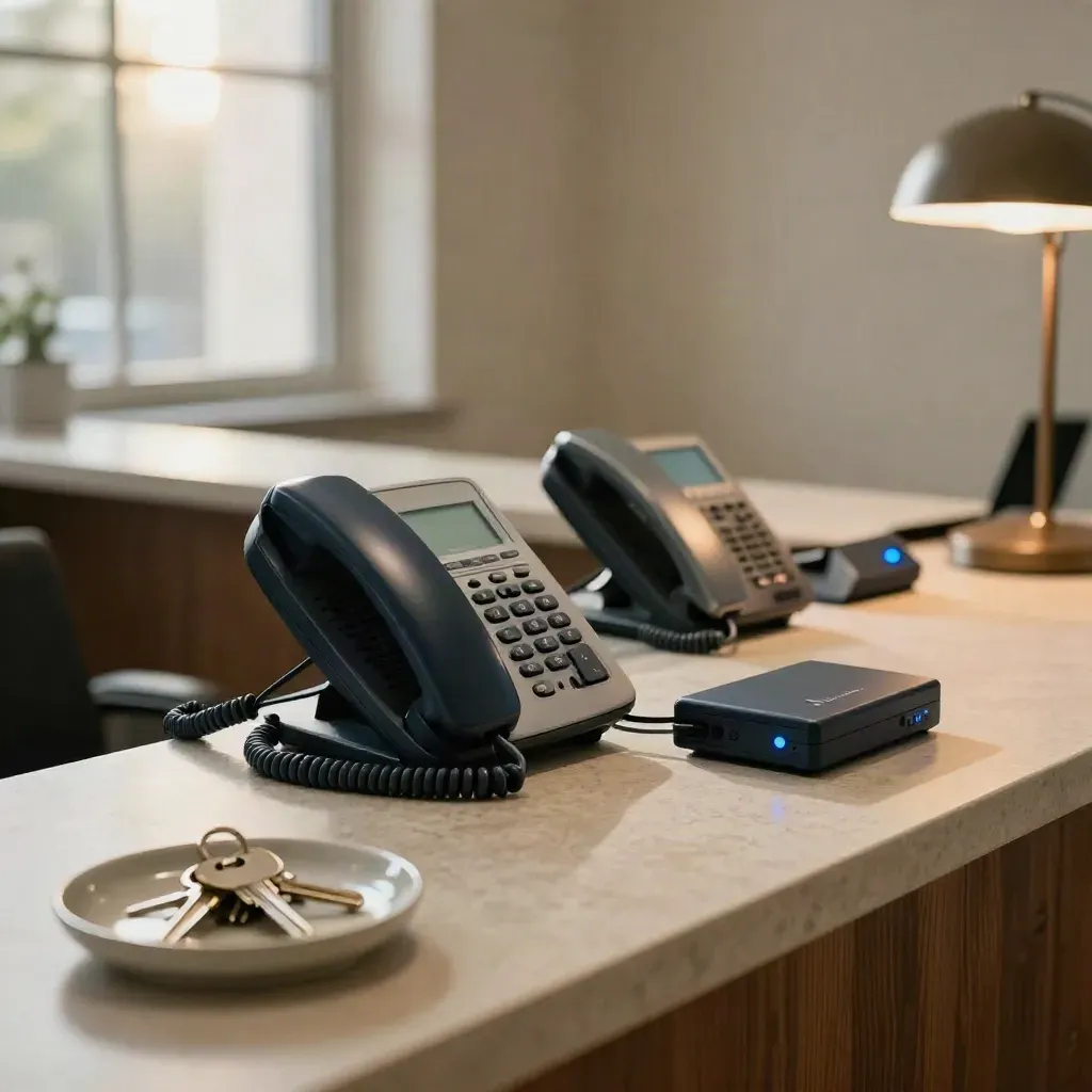 Property-office counter with three desk phones, a VoIP switch and keys in a tray.