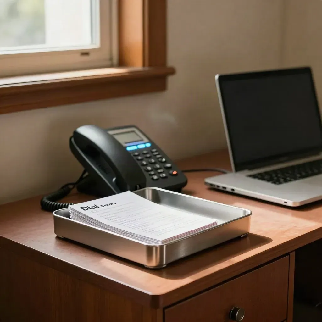 Desk phone, blinking voicemail light, closed laptop lid and silver inbox tray in warm afternoon light.