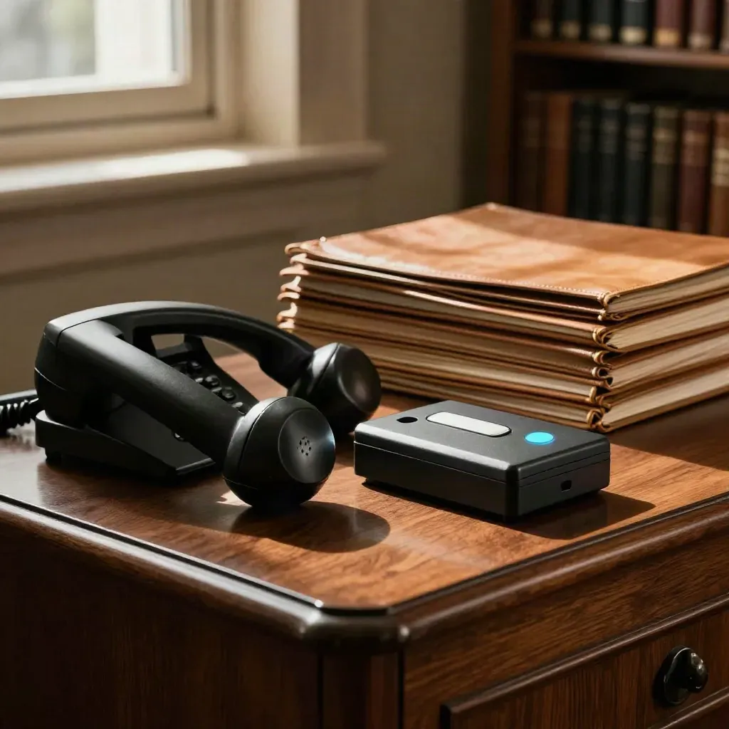 Dark oak console with desk phone, recorder light, and leather folders in a quiet law office