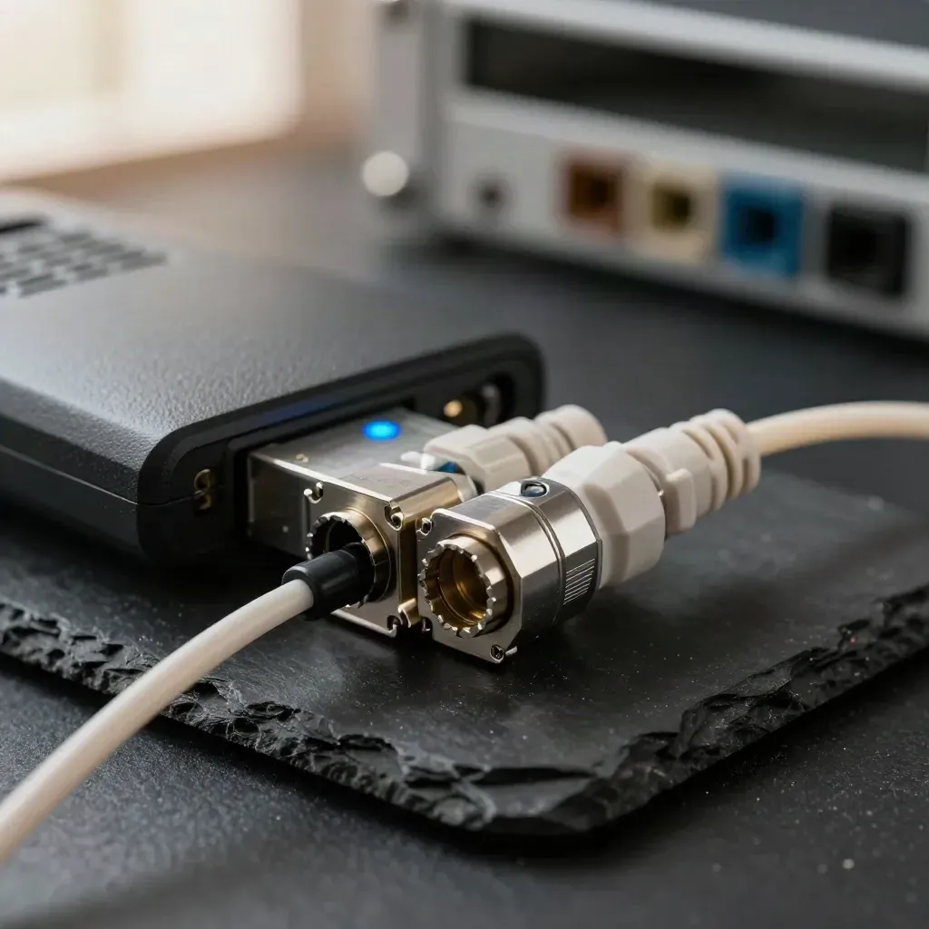 Macro of a DECT base, fibre couplers and a blue-lit status module on black slate.