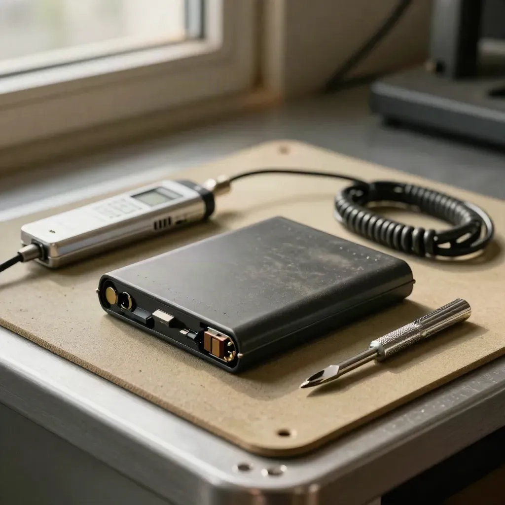 Repair parts on a telecom support bench: battery packs, dongle, cord and screwdrivers in close-up.