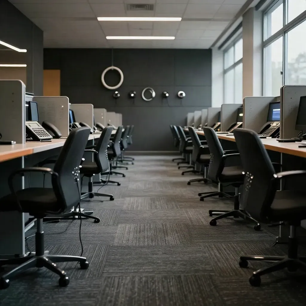 Empty call-centre floor with glowing queue lights and rows of headset stations