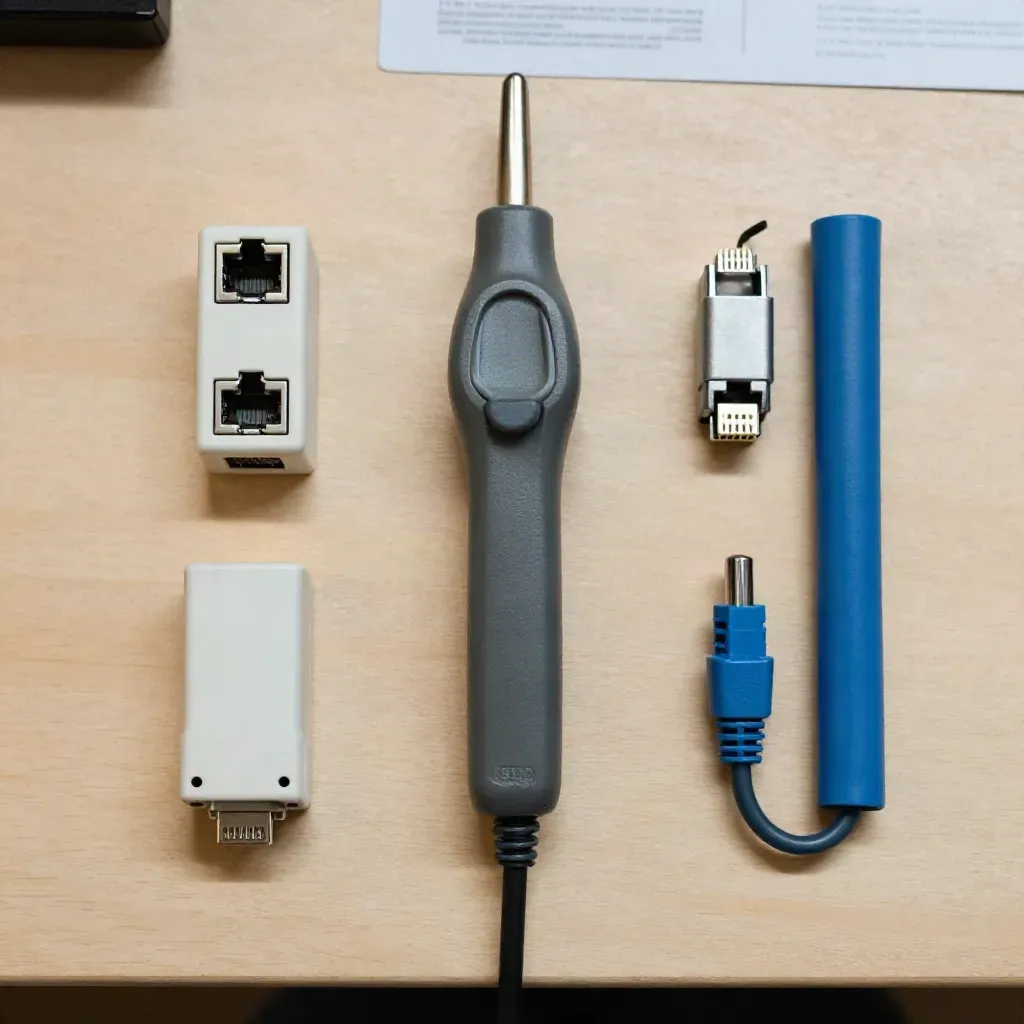 Top-down telecom still life with line tester, RJ45 plugs, adapters and a coiled patch lead on pale wood.