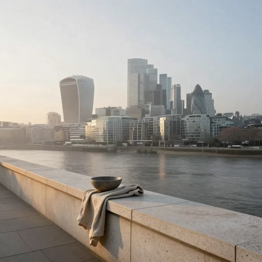 Misty London skyline with Canary Wharf above a calm Thames and travertine terrace