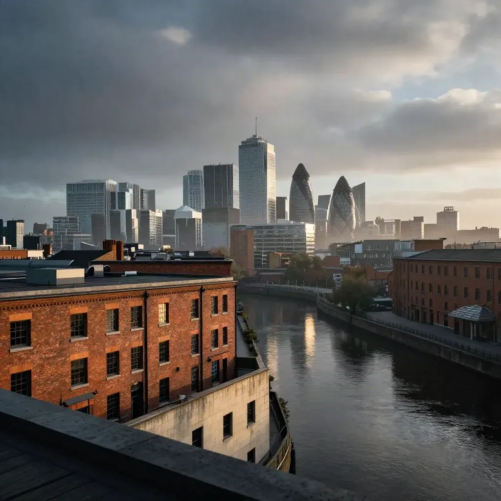 Moody Manchester skyline under low cloud above calm canal water and red-brick rooftops.