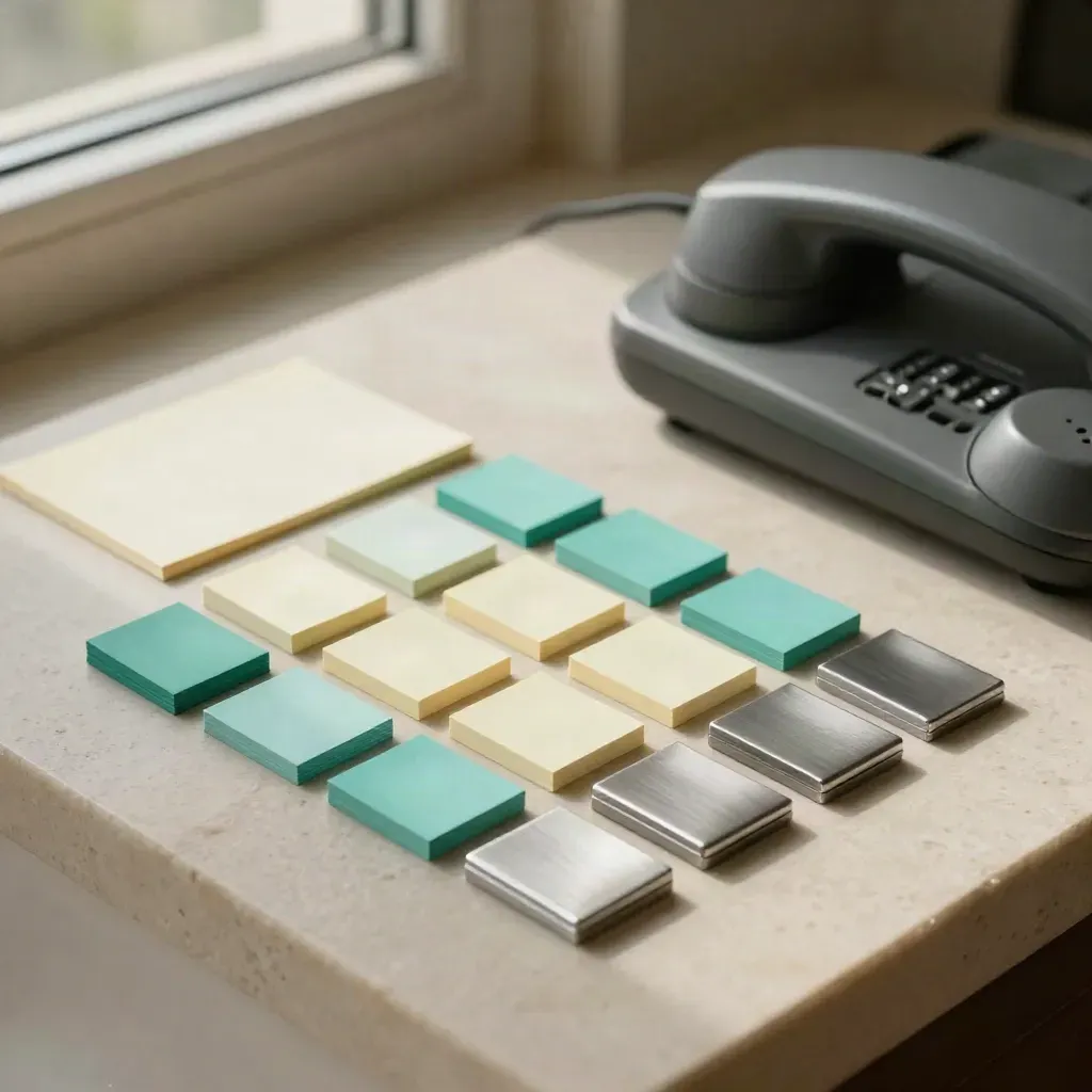 Mini switch, handset cradle, cable markers and sticky tabs on stone in soft teal neutral light.