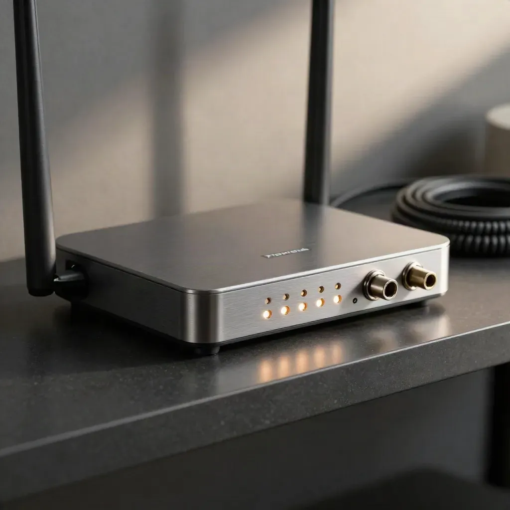 Lit phone system hardware on a dark shelf with a router and test jack