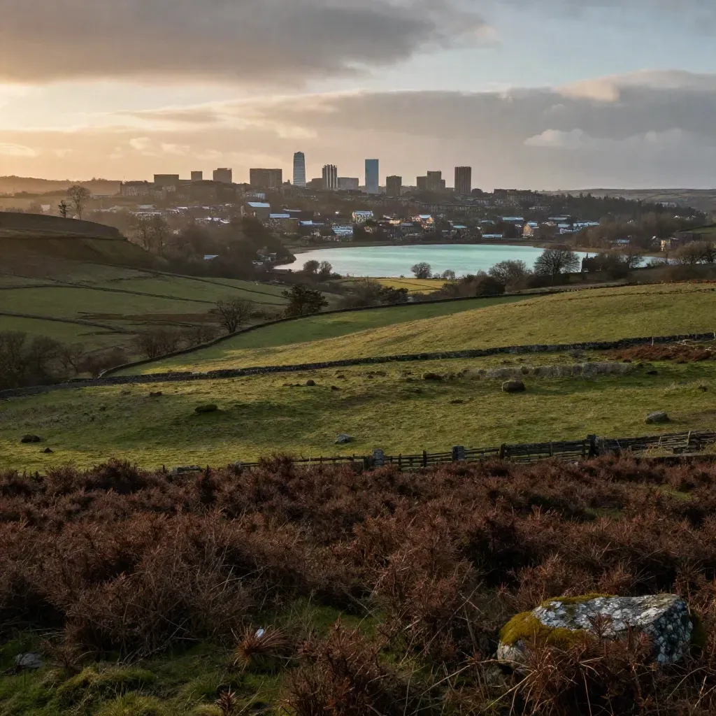 Yorkshire moorland with distant Leeds skyline under golden haze, green foreground and wide sky